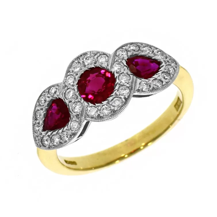 18ct Yellow Gold Ruby and Diamond Halo Cluster Ring