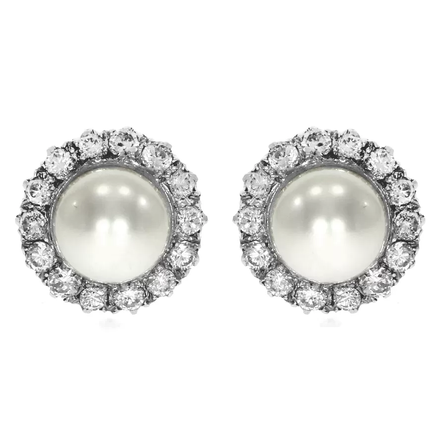 Pre Owned: 18ct White Gold Cultured Pearl And Diamond Cluster Earrings