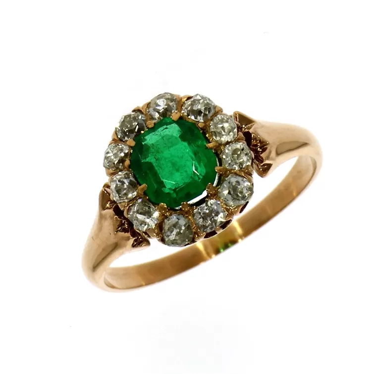 Pre Owned: 18ct Rose Gold Cushion Cut Emerald And Diamond Cluster Ring
