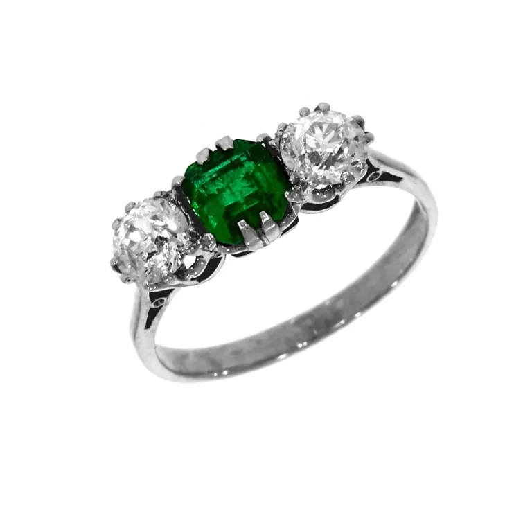 Pre Owned: Platinum Emerald And Diamond Three Stone Ring