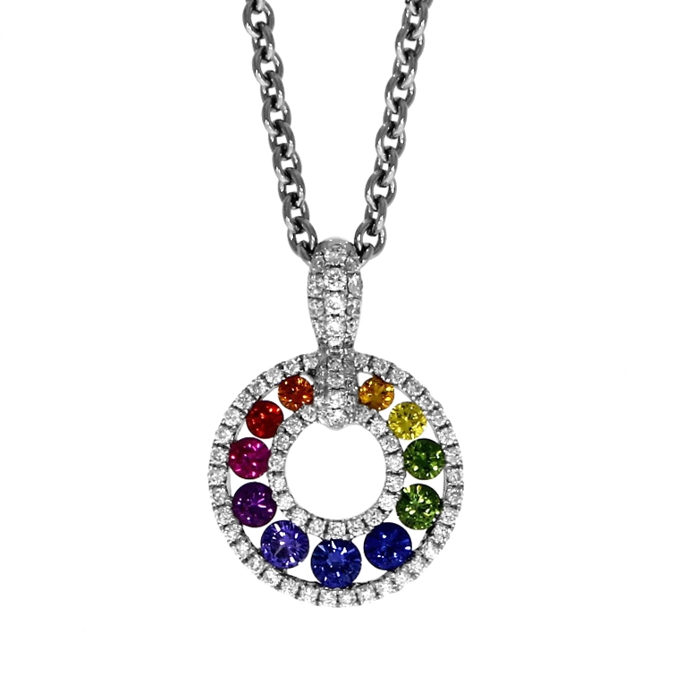 18ct White Gold Rainbow Sapphire And Diamond Circle Pendant