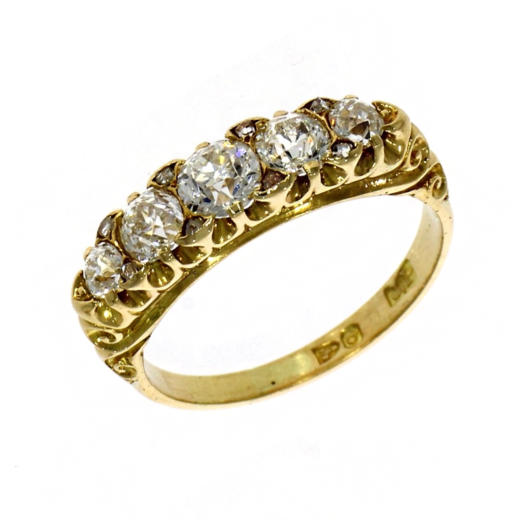 Pre Owned: 18ct Yellow Gold Victorian Carved Graduating Five Stone 1.25ct Diamond Ring