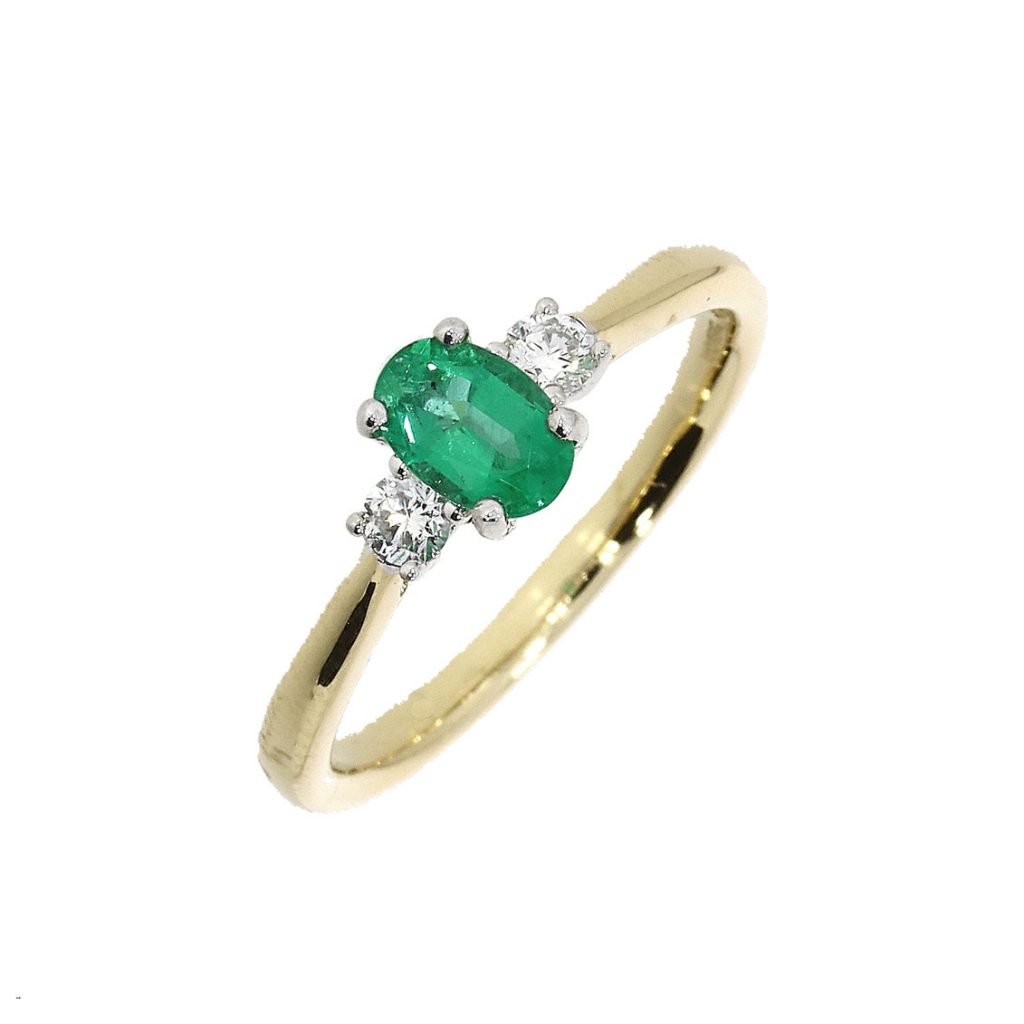 18ct Yellow Gold 0.41ct Oval Cut Emerald & Diamond Three Stone Ring