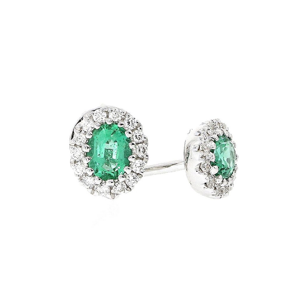 18ct White Gold 0.33ct Oval Cut Emerald & Diamond Earrings