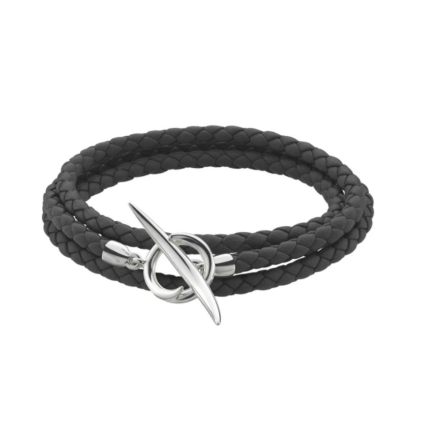 Shaun Leane Gents Silver Quill Black Leather Wrap Medium Bracelet