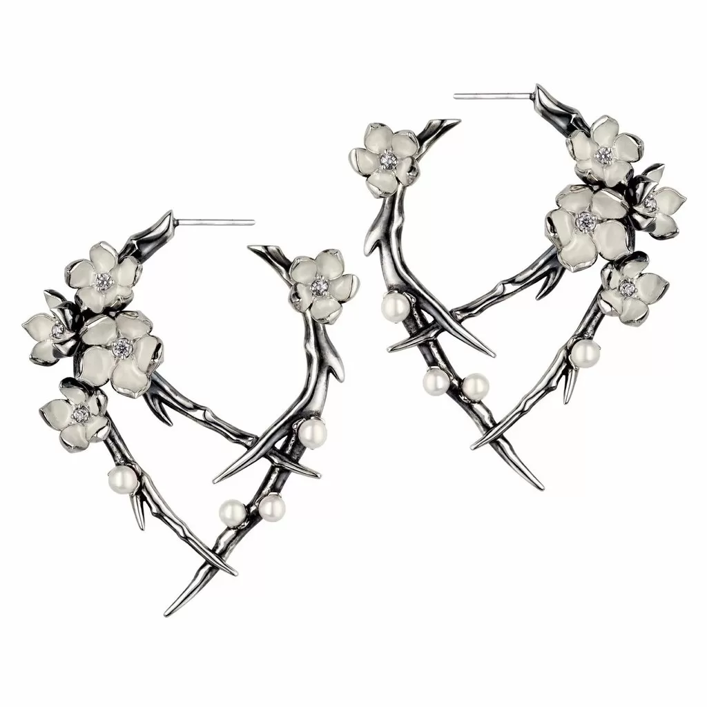 Shaun Leane Silver Cherry Blossom Diamond & Pearl Hoop Earrings