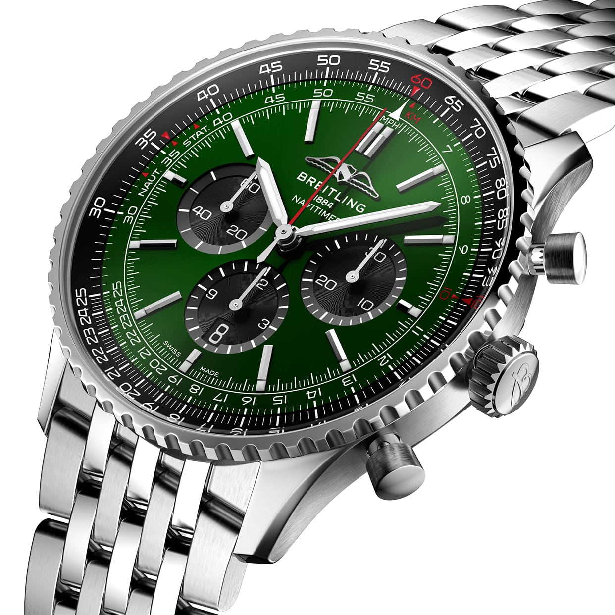Detailed close-up of the Breitling Navitimer B01 Chronograph 46 green dial featuring chronograph sub-dials.