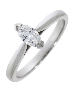 A diamond in Marquise Cut style on white gold band