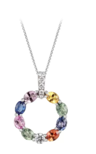 Bright beautiful rainbow diamond circle pendant on a silver necklace chain